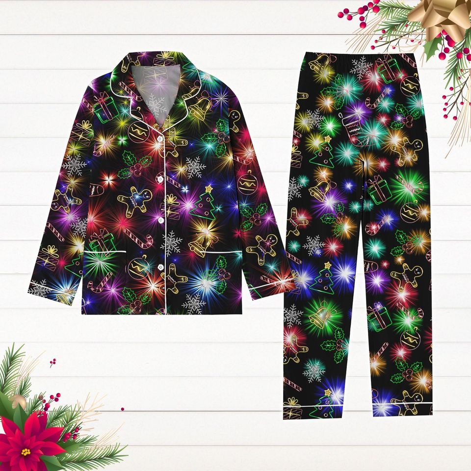 Christmas Bright Neon Lighting Pajamas Set, Neon Lighting Holiday Pjs, Christmas Symbols Pyjamas, Merry Xmas Shirt, Pajamas For Party
