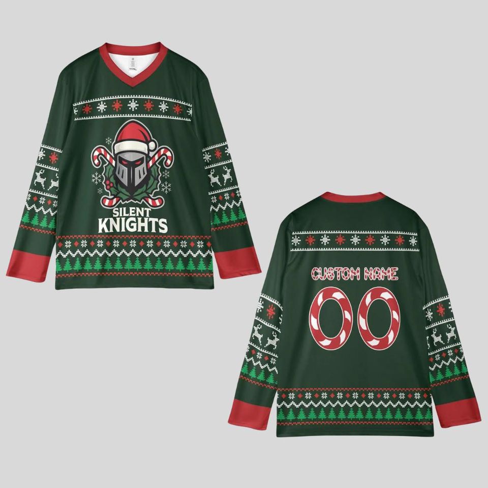 Silent Knights Hockey Jersey, Christmas Hockey Jersey, Custom Ugly Christmas Hockey Jersey, Xmas Gift, Festive Holiday Sweater