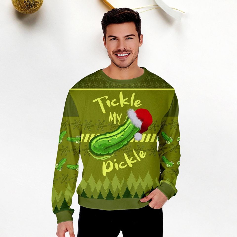 Tickle My Pickle Ugly Sweater, Pickle Christmas Sweater, Pickle Santa Hat Holiday Sweater, Pickle Sweater For Party, Ugly Xmas Sweater