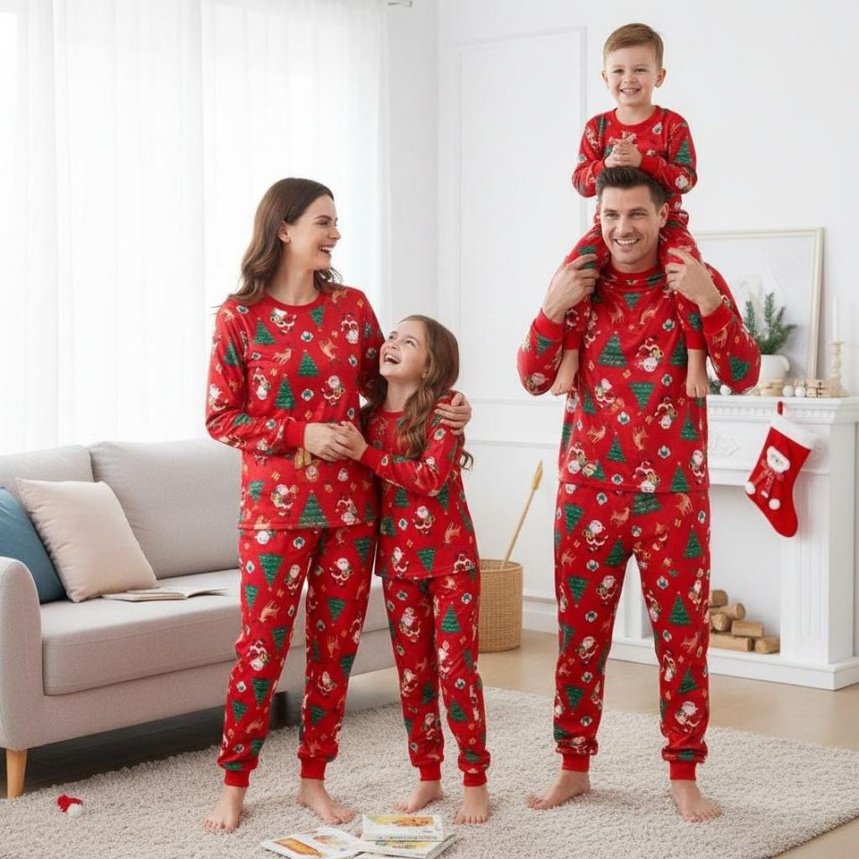 Christmas Tree Long Sleeve Pajamas Set for Adults, Santa Reindeer Christmas Matching Pajamas, Cozy Holiday Sleepwear