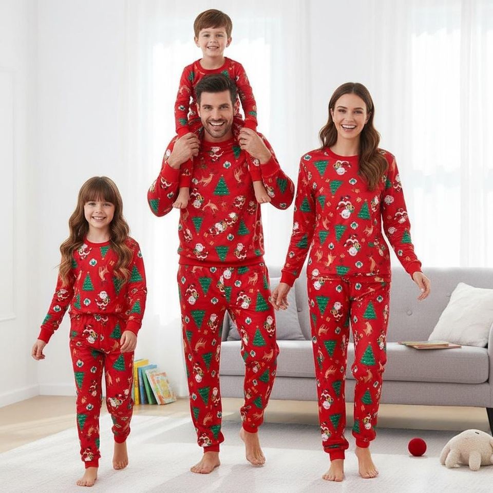 Christmas Tree Long Sleeve Pajamas Set for Adults, Santa Reindeer Christmas Matching Pajamas, Cozy Holiday Sleepwear