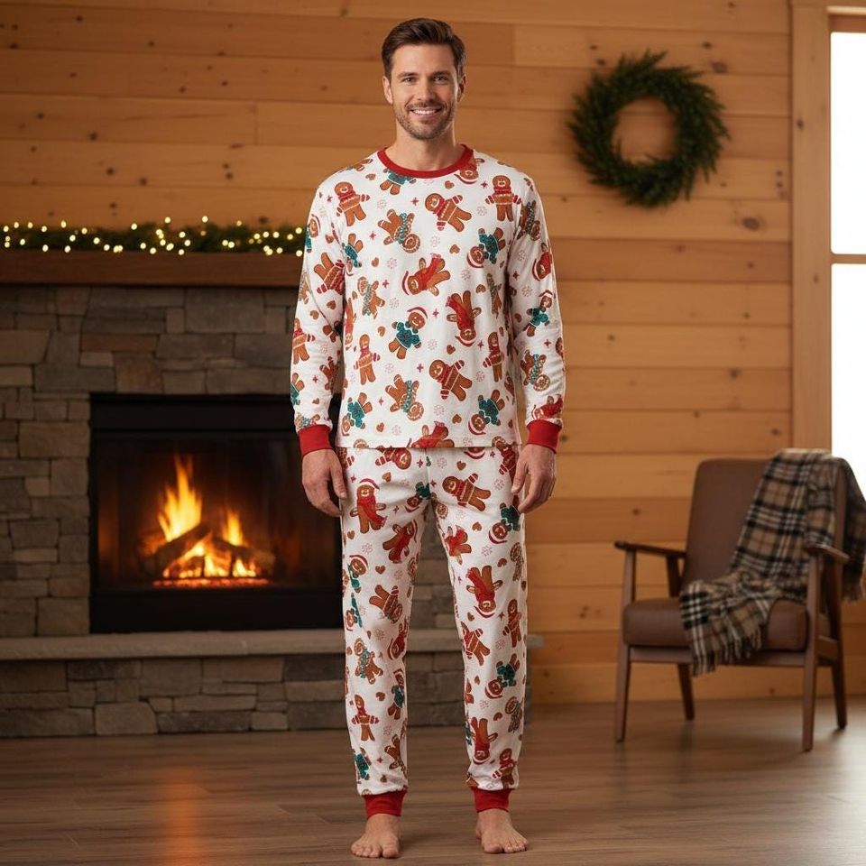 Gingerbread Long Sleeve Pajamas Set for Adults, Holiday Christmas Family Matching Sleepwear