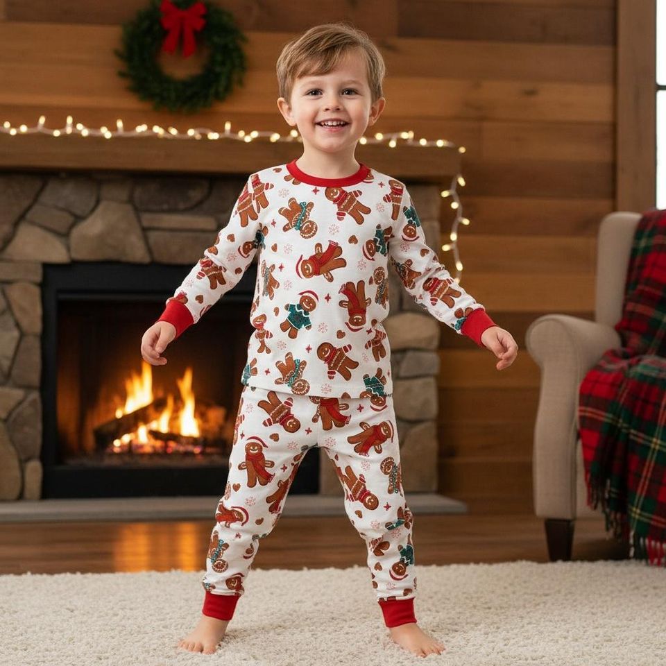 Gingerbread Long Sleeve Pajamas Set for Adults, Holiday Christmas Family Matching Sleepwear