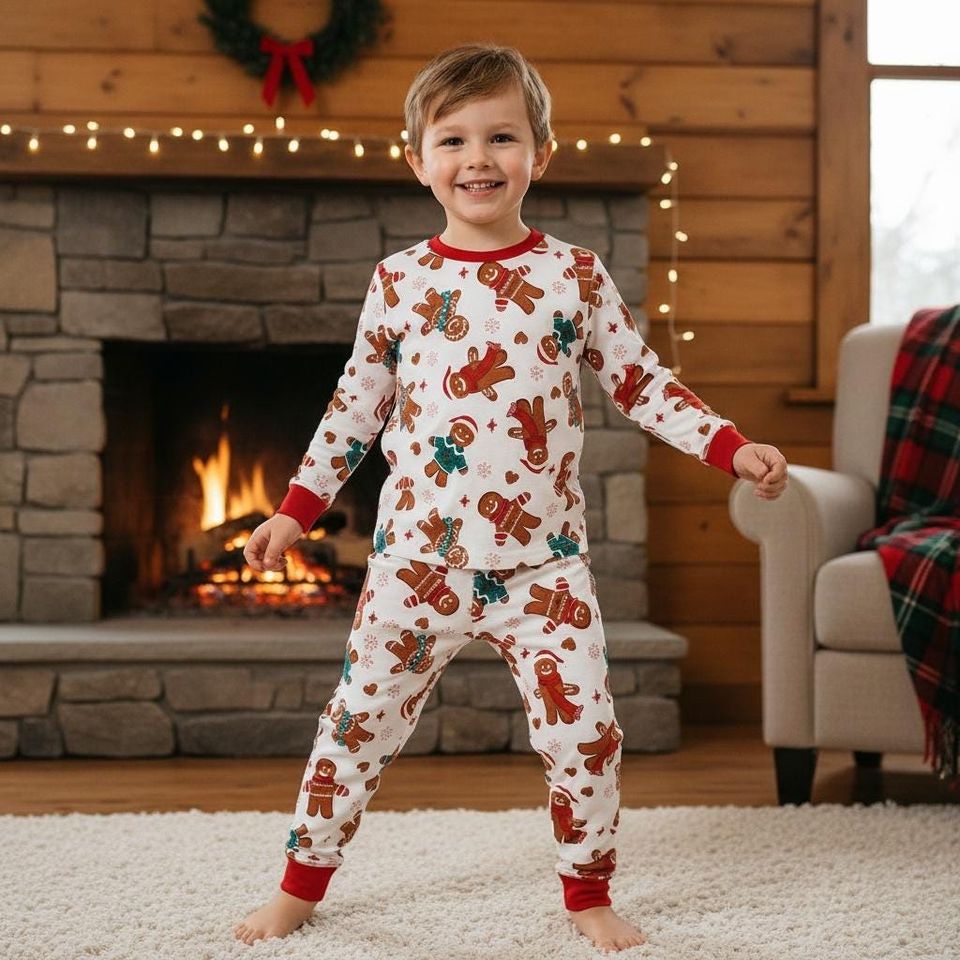 Gingerbread Long Sleeve Pajamas Set for Adults, Holiday Christmas Family Matching Sleepwear