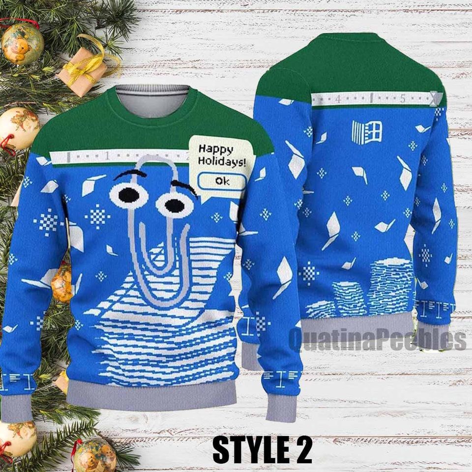 Clippy Holiday Sweater All Over Print Green Christmas Artificial Wool