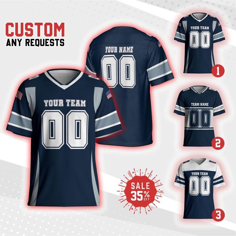Custom Team Cowboy Football Jersey navy and white jersey, Personalized Name & Number Free Style Jersey, Game Day Outfit