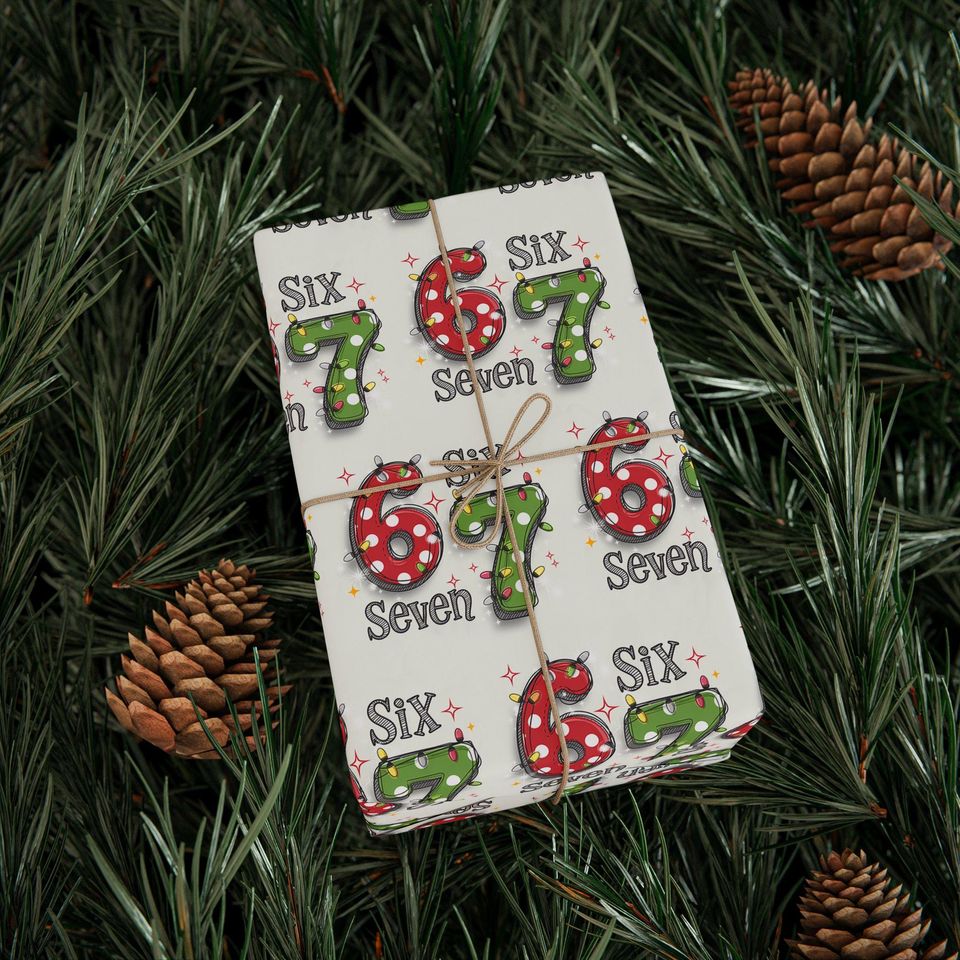 67 Christmas Wrapping Paper, Six Seven Number Gift Wrap, Retro Holiday Lights Wrapping Sheet, Fun Christmas Gift Wrap Roll