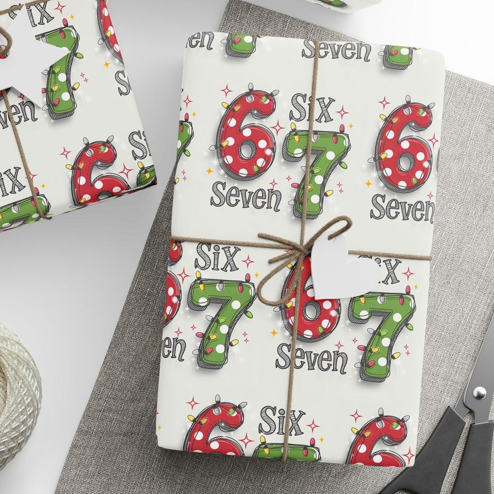 67 Christmas Wrapping Paper, Six Seven Number Gift Wrap, Retro Holiday Lights Wrapping Sheet, Fun Christmas Gift Wrap Roll