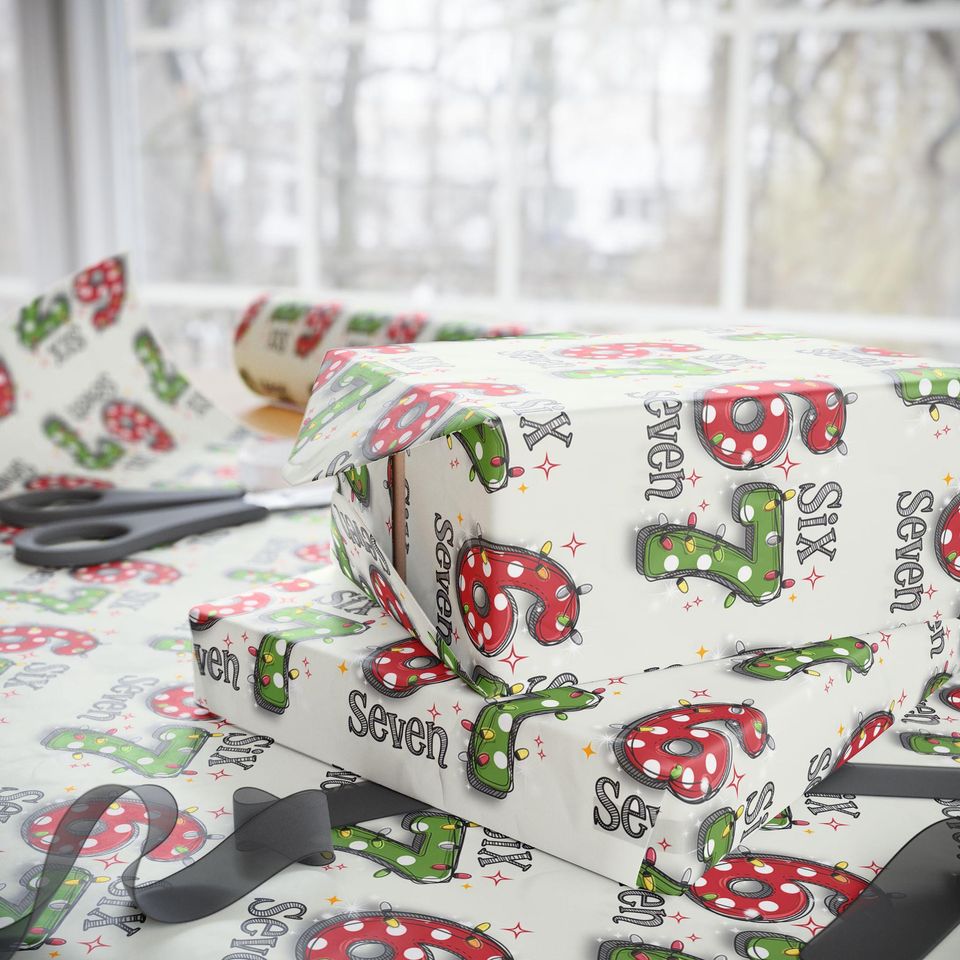 67 Christmas Wrapping Paper, Six Seven Number Gift Wrap, Retro Holiday Lights Wrapping Sheet, Fun Christmas Gift Wrap Roll