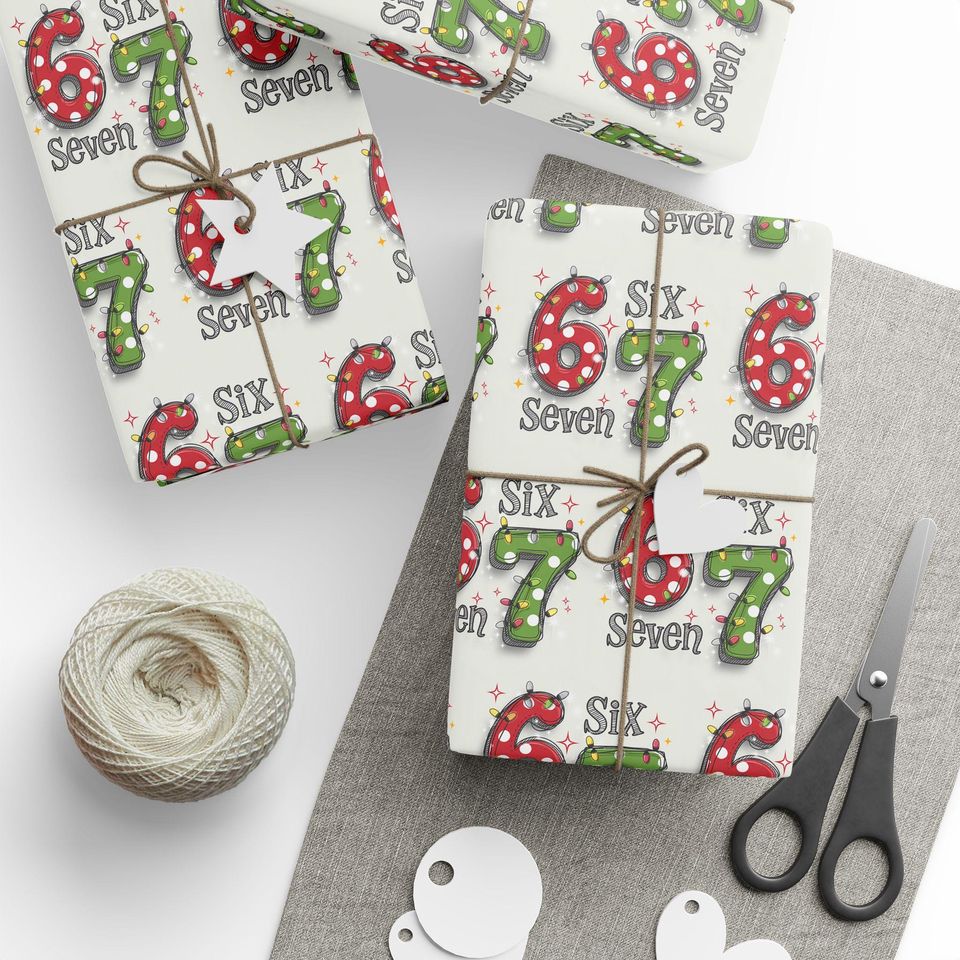 67 Christmas Wrapping Paper, Six Seven Number Gift Wrap, Retro Holiday Lights Wrapping Sheet, Fun Christmas Gift Wrap Roll