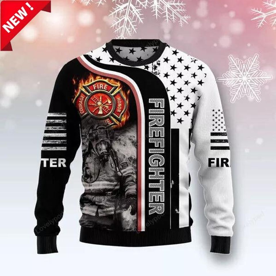 Firefighter 3D Christmas Sweater - Courage, Honor, and Service Design