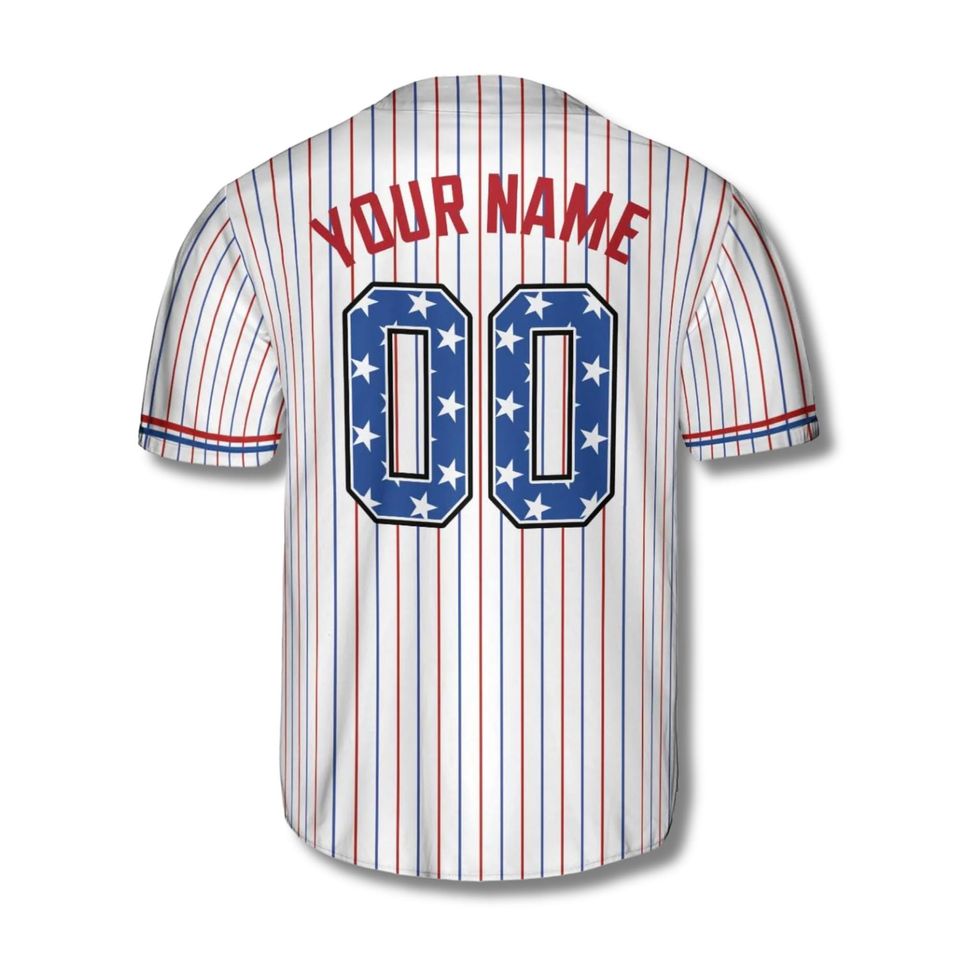 Personalized USA Baseball Jersey Button Up, Custom Name & Number Pinstripe Shirt