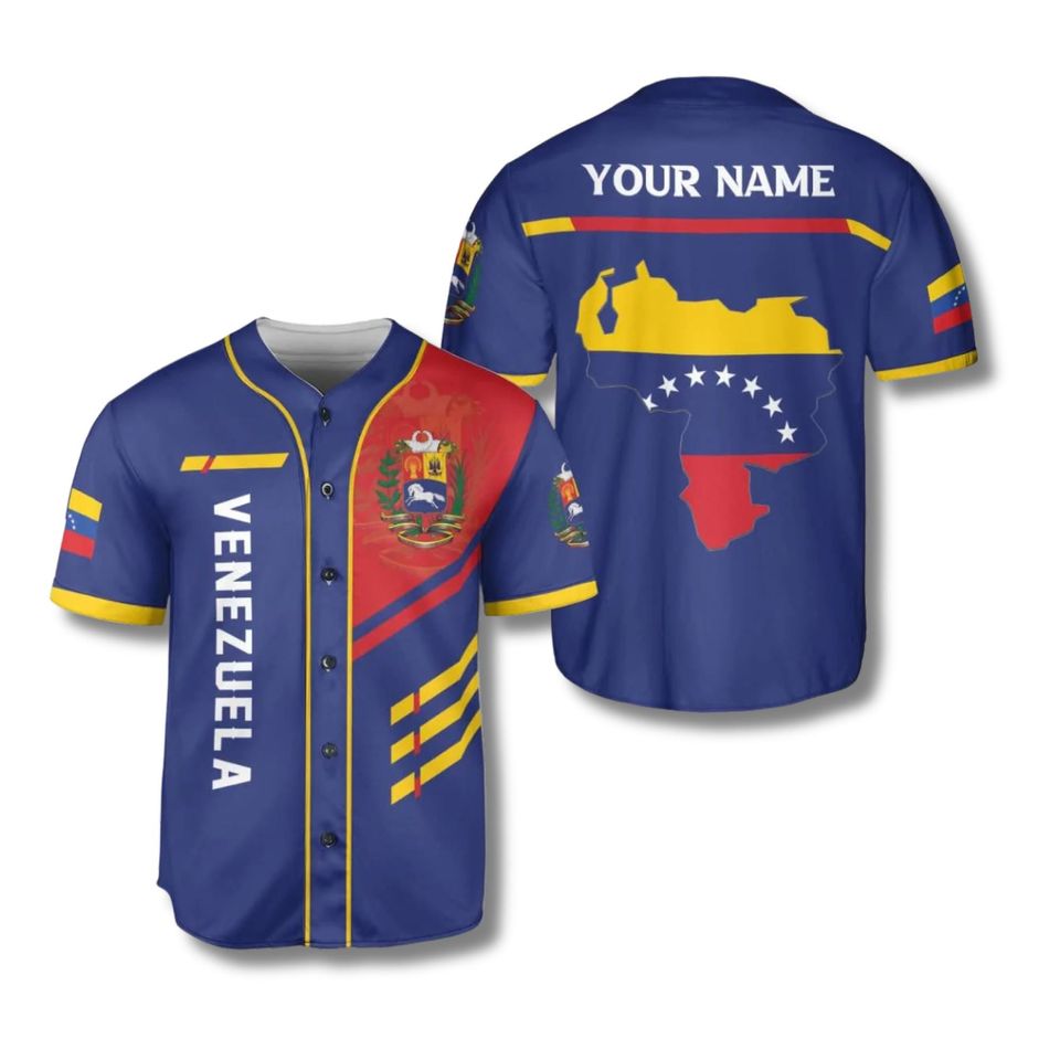 Personalized Venezuela Baseball Jersey, Custom Name Number, Blue Button Up Shirt