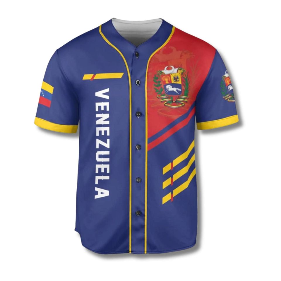 Personalized Venezuela Baseball Jersey, Custom Name Number, Blue Button Up Shirt