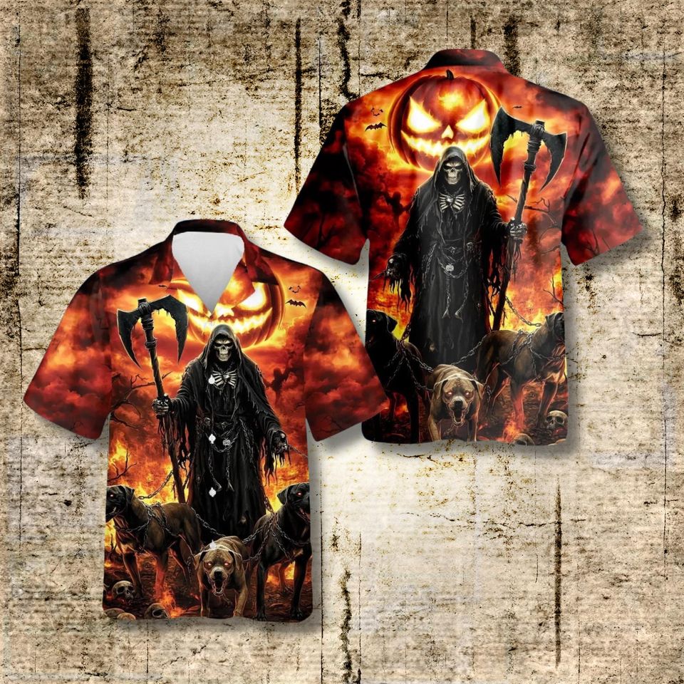 Grim Reaper Halloween Hawaiian Shirt Men’s Spooky Jack O’ Lantern Moon Fire