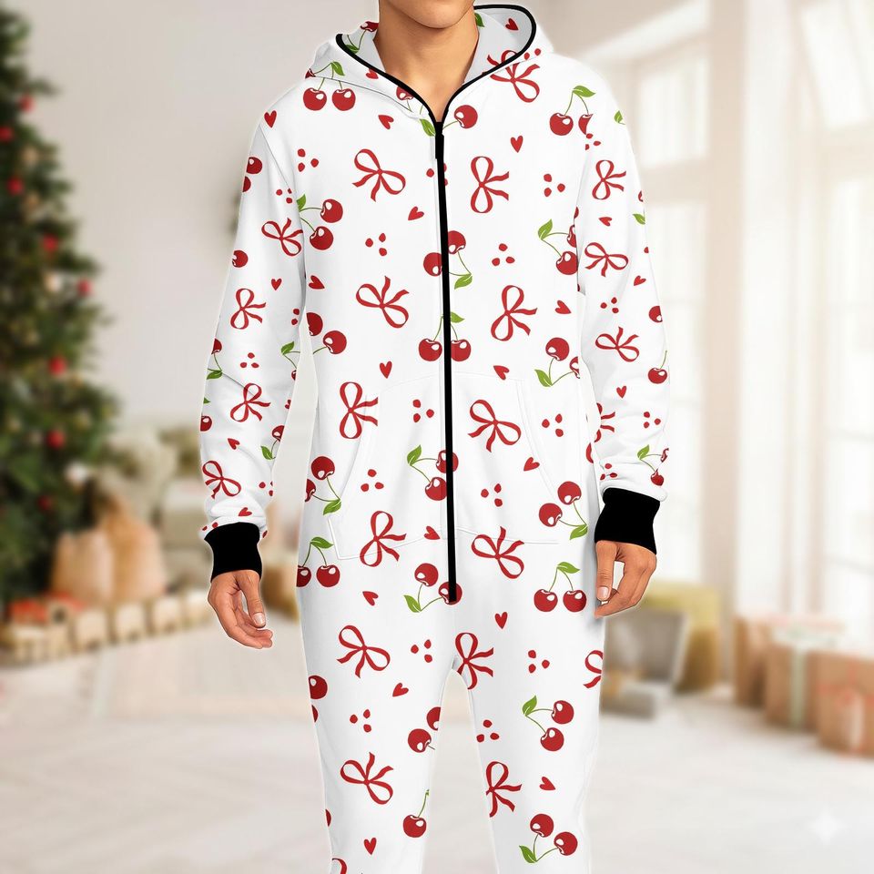 Christmas Family Jumpsuit, Cherry Onesie Pajamas, Holiday Fleece Jumpsuit, Christmas One-piece Pajamas, Pajamas For Family