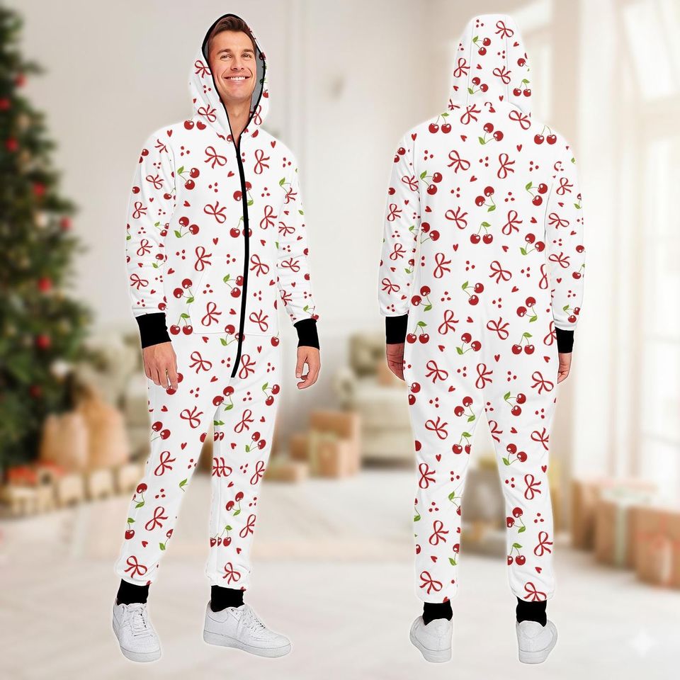 Christmas Family Jumpsuit, Cherry Onesie Pajamas, Holiday Fleece Jumpsuit, Christmas One-piece Pajamas, Pajamas For Family