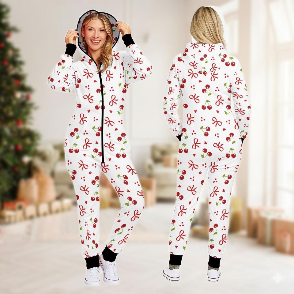 Christmas Family Jumpsuit, Cherry Onesie Pajamas, Holiday Fleece Jumpsuit, Christmas One-piece Pajamas, Pajamas For Family