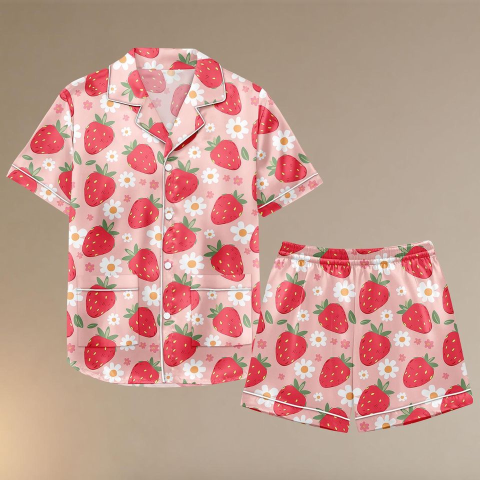 Strawberry Floral Satin Pajamas Short Set, Cute Pink Fruit Pjs, Kawaii Summer Sleepwear, Soft Daisies Loungewear, Gift For Her