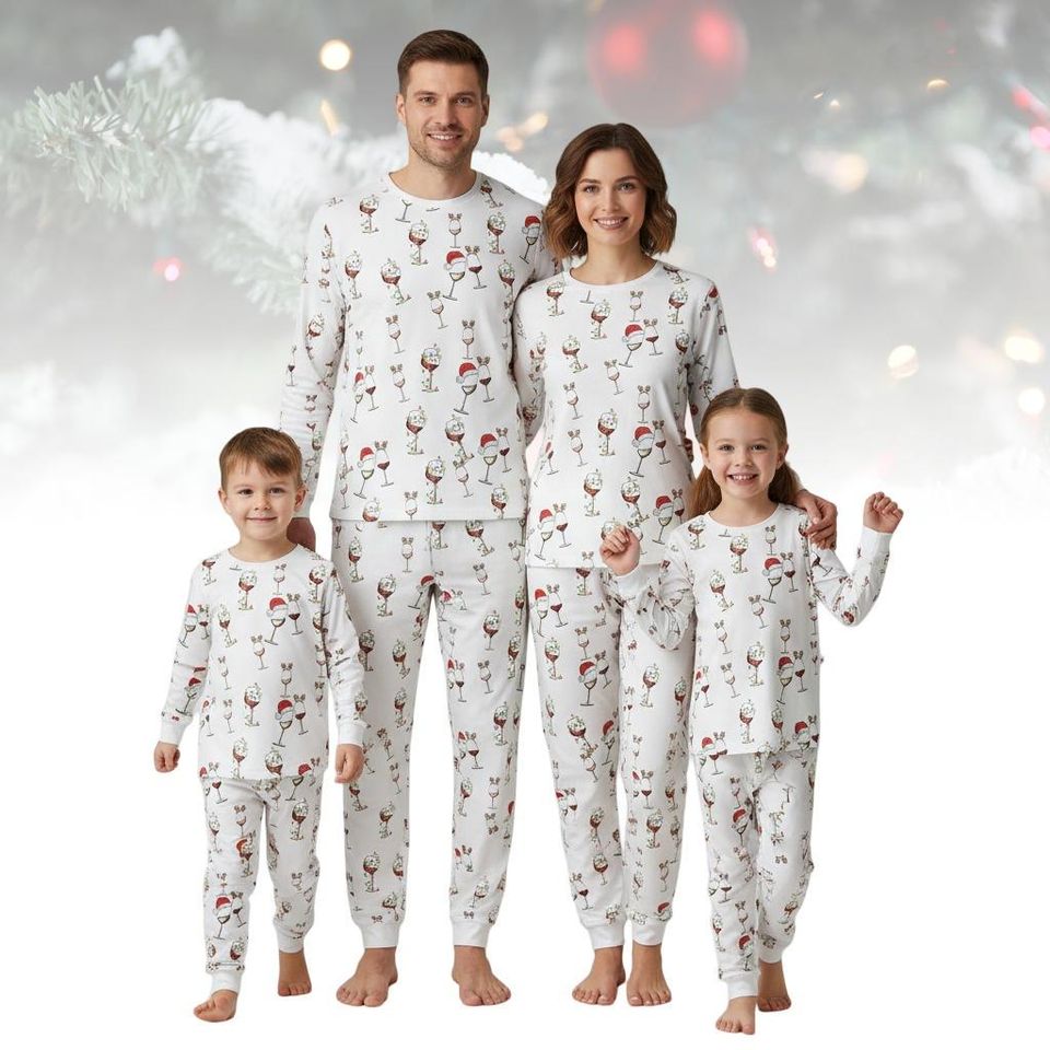 Wine Lover Long Sleeve Pajama Set, Funny Christmas Wine Pajamas for Family