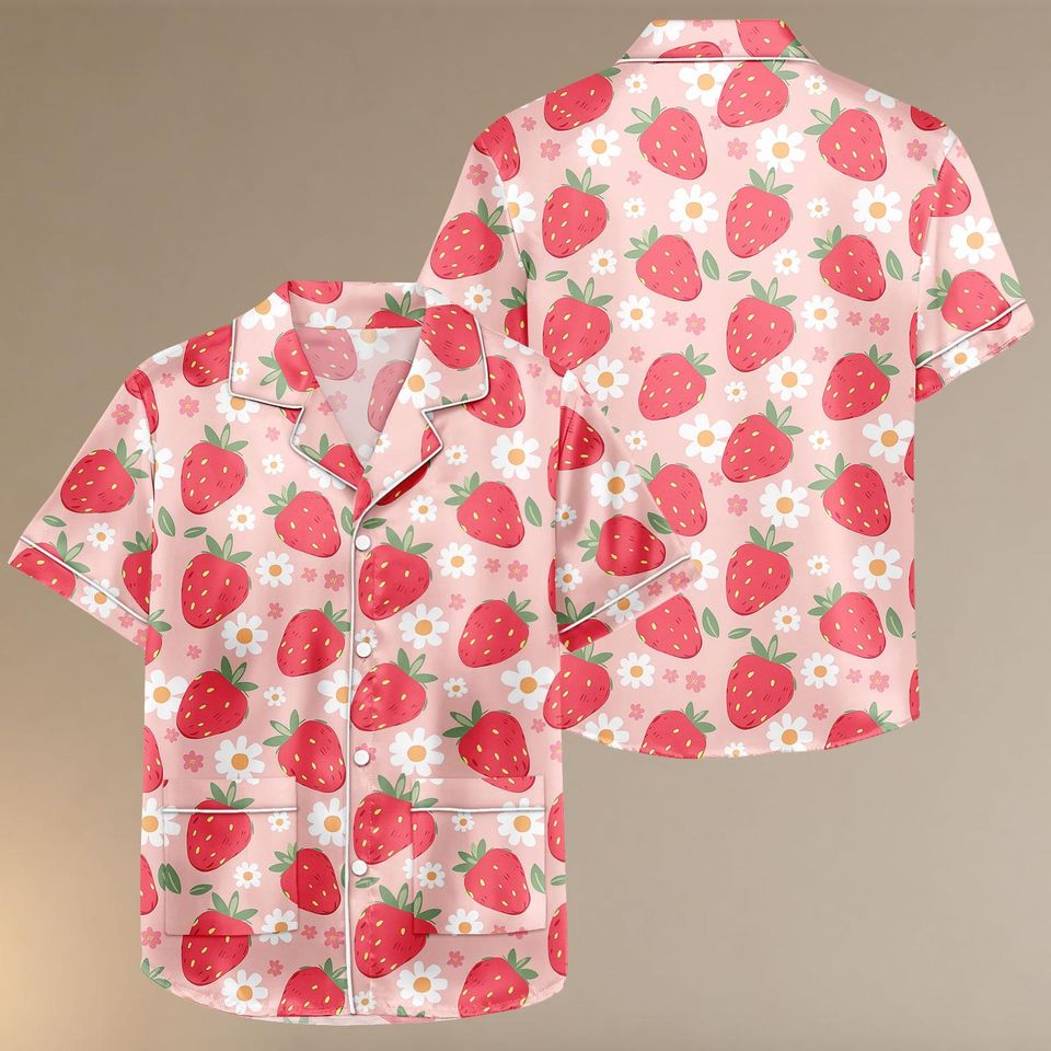 Strawberry Floral Satin Pajamas Short Set, Cute Pink Fruit Pjs, Kawaii Summer Sleepwear, Soft Daisies Loungewear, Gift For Her