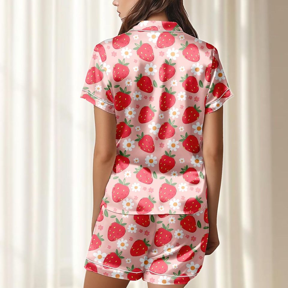 Strawberry Floral Satin Pajamas Short Set, Cute Pink Fruit Pjs, Kawaii Summer Sleepwear, Soft Daisies Loungewear, Gift For Her