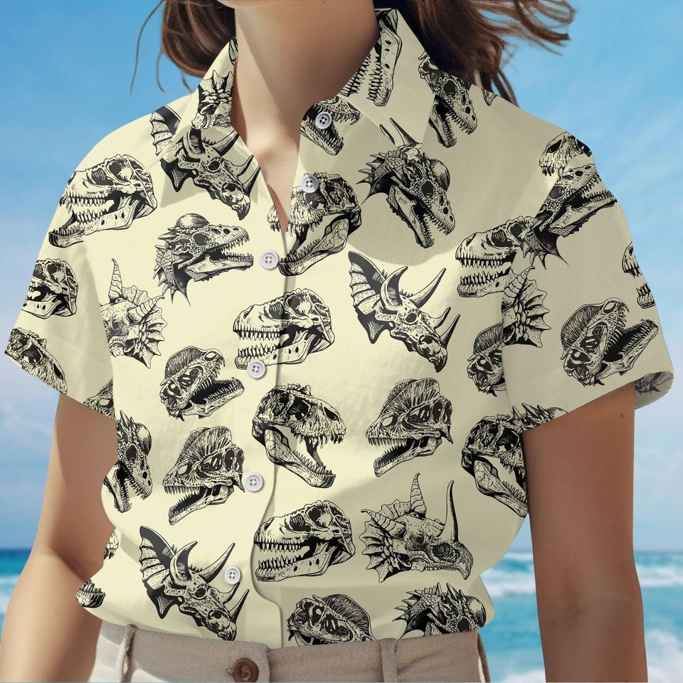 Dinosaur Skeleton Button Shirt, Dino Skull Hawaiian Shirt, Prehistoric Short Sleeve Aloha Shirt