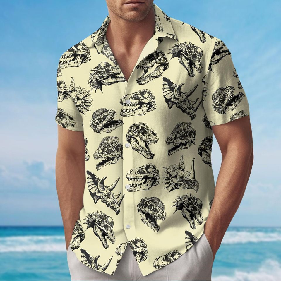 Dinosaur Skeleton Button Shirt, Dino Skull Hawaiian Shirt, Prehistoric Short Sleeve Aloha Shirt