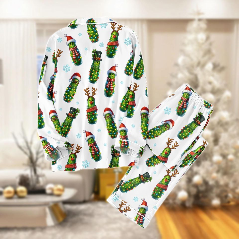 Funny Pickle Christmas Thick Pajamas Set, Holiday Pickle Print Matching PJs