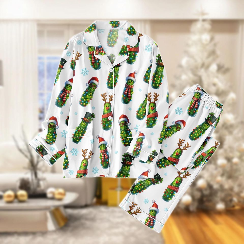 Funny Pickle Christmas Thick Pajamas Set, Holiday Pickle Print Matching PJs