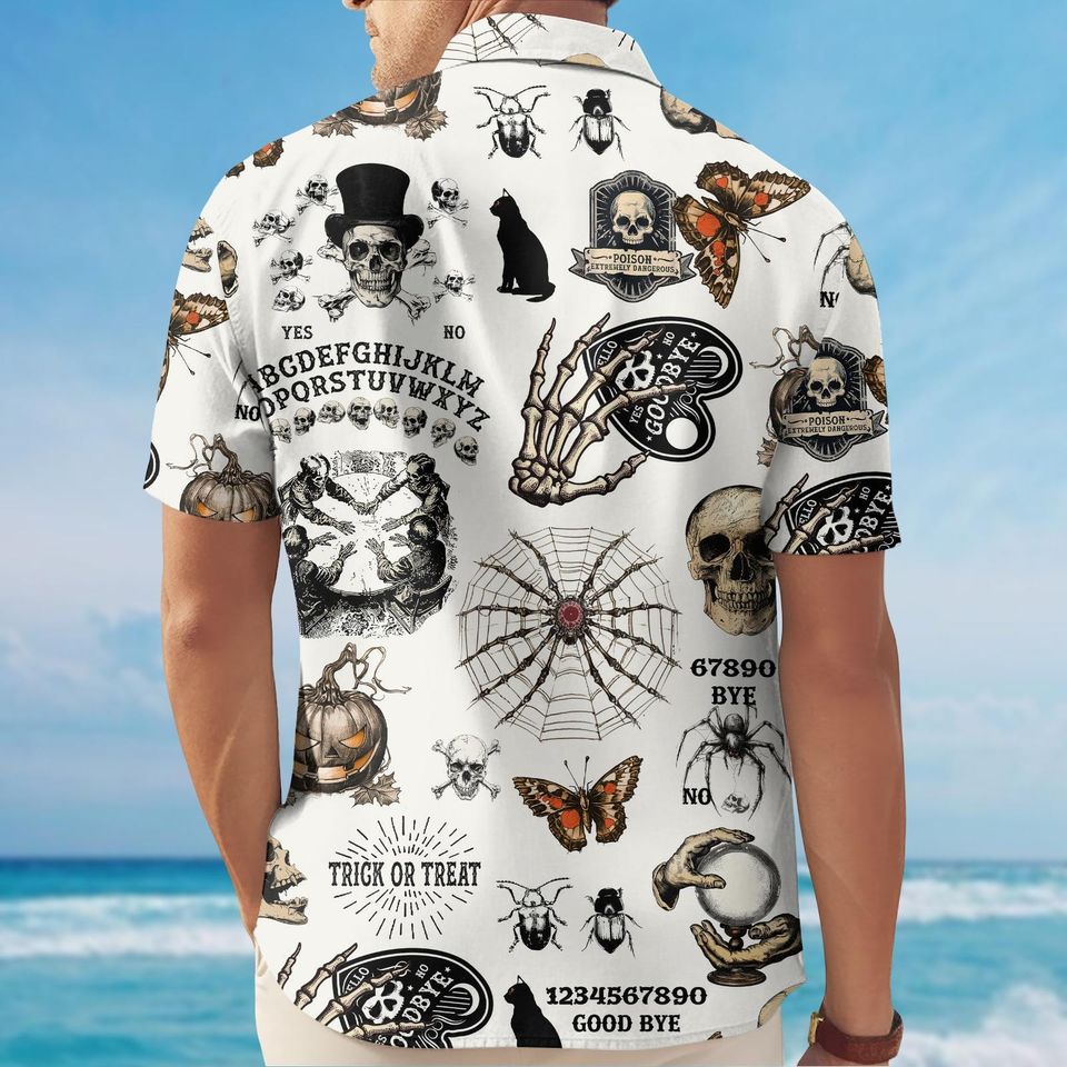 Gothic Skull Button Hawaiian Shirt, Dark Tropical Short Sleeve Tee for Men