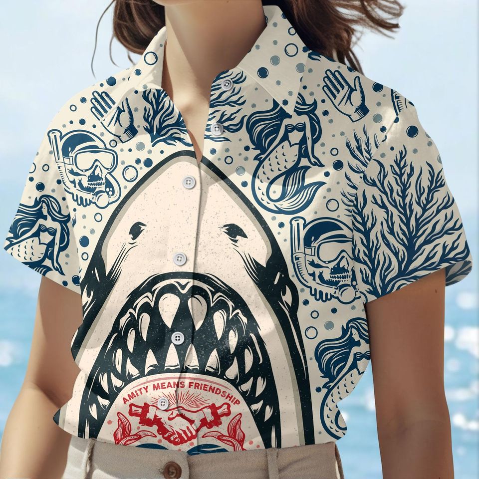 Shark Bite Button Shirt, Ocean Predator Hawaiian Shirt, Jaws Shark Inspired Aloha Shirt