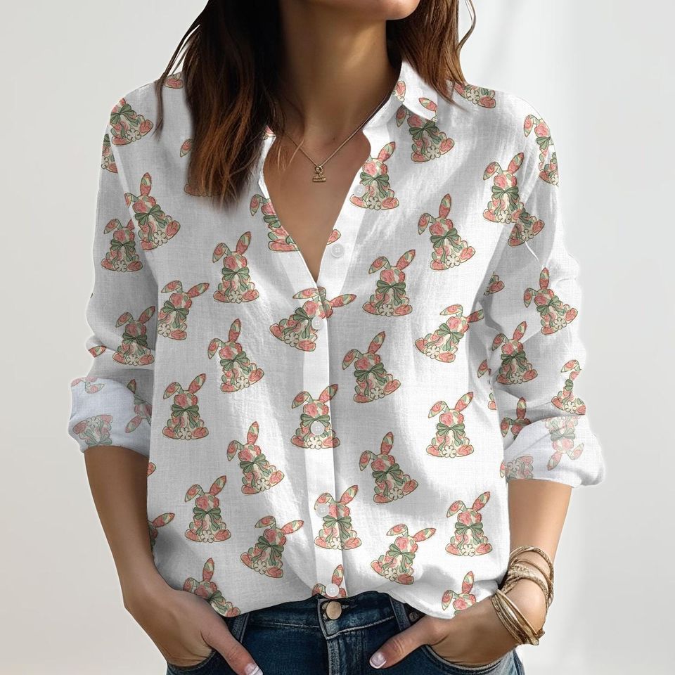 Floral Easter Linen Shirt, Rabbit Blouses Top Women, Coquette Bow Easter Casual Shirt, Easter Bunny Shirt, Cute Animals Shirt For Her
