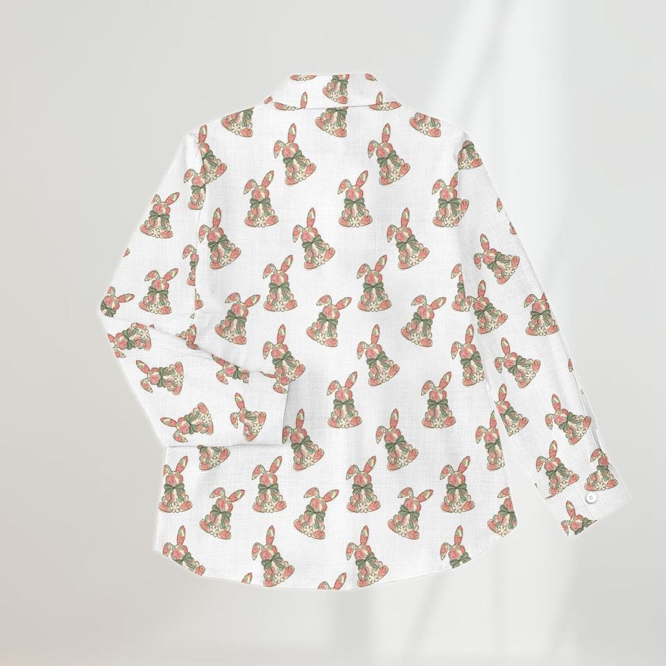 Floral Easter Linen Shirt, Rabbit Blouses Top Women, Coquette Bow Easter Casual Shirt, Easter Bunny Shirt, Cute Animals Shirt For Her