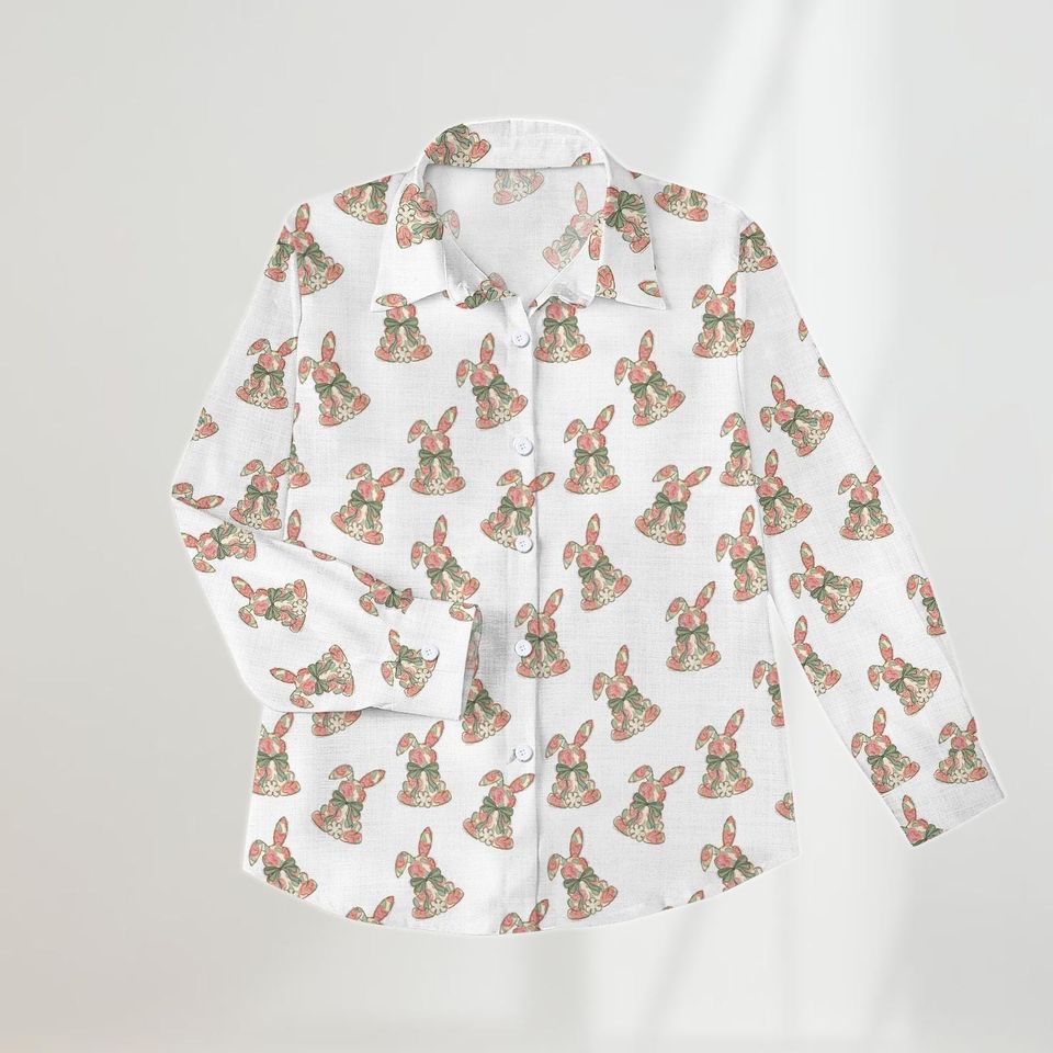 Floral Easter Linen Shirt, Rabbit Blouses Top Women, Coquette Bow Easter Casual Shirt, Easter Bunny Shirt, Cute Animals Shirt For Her