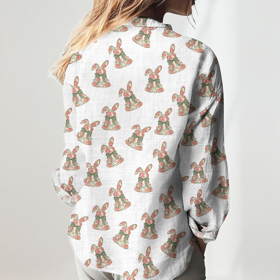 Floral Easter Linen Shirt, Rabbit Blouses Top Women, Coquette Bow Easter Casual Shirt, Easter Bunny Shirt, Cute Animals Shirt For Her