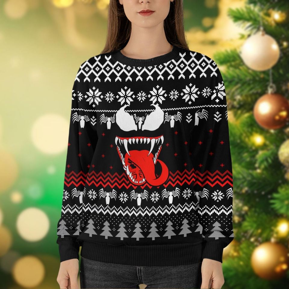 Christmas Venom Ugly Sweater, Superhero Movie Holiday Sweater, Spiderman Christmas Sweatshirt, Venom Xmas Sweater For Men Women Kid
