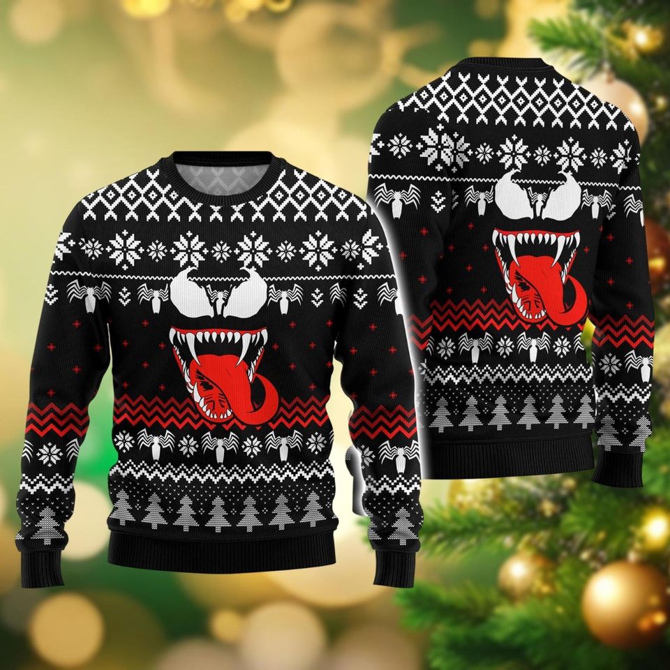 Christmas Venom Ugly Sweater, Superhero Movie Holiday Sweater, Spiderman Christmas Sweatshirt, Venom Xmas Sweater For Men Women Kid