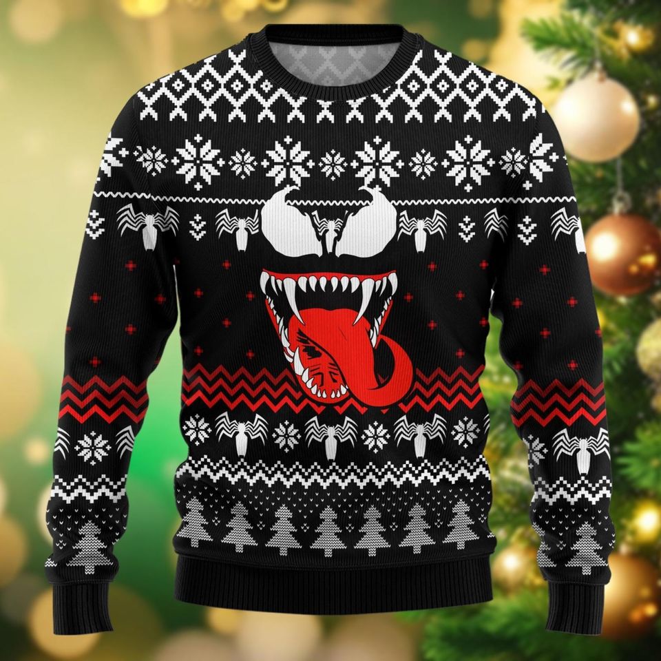Christmas Venom Ugly Sweater, Superhero Movie Holiday Sweater, Spiderman Christmas Sweatshirt, Venom Xmas Sweater For Men Women Kid