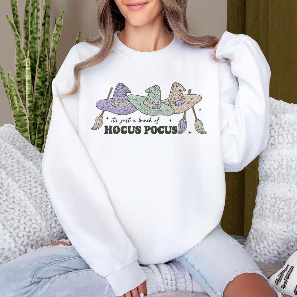 Hocus Pocus Witch Hat Sweatshirt, Pastel Witch Embroidered Shirt, Halloween Fall Cozy Crewneck, Witchy Autumn Pullover, Halloween Gift