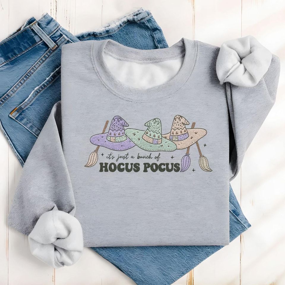 Hocus Pocus Witch Hat Sweatshirt, Pastel Witch Embroidered Shirt, Halloween Fall Cozy Crewneck, Witchy Autumn Pullover, Halloween Gift