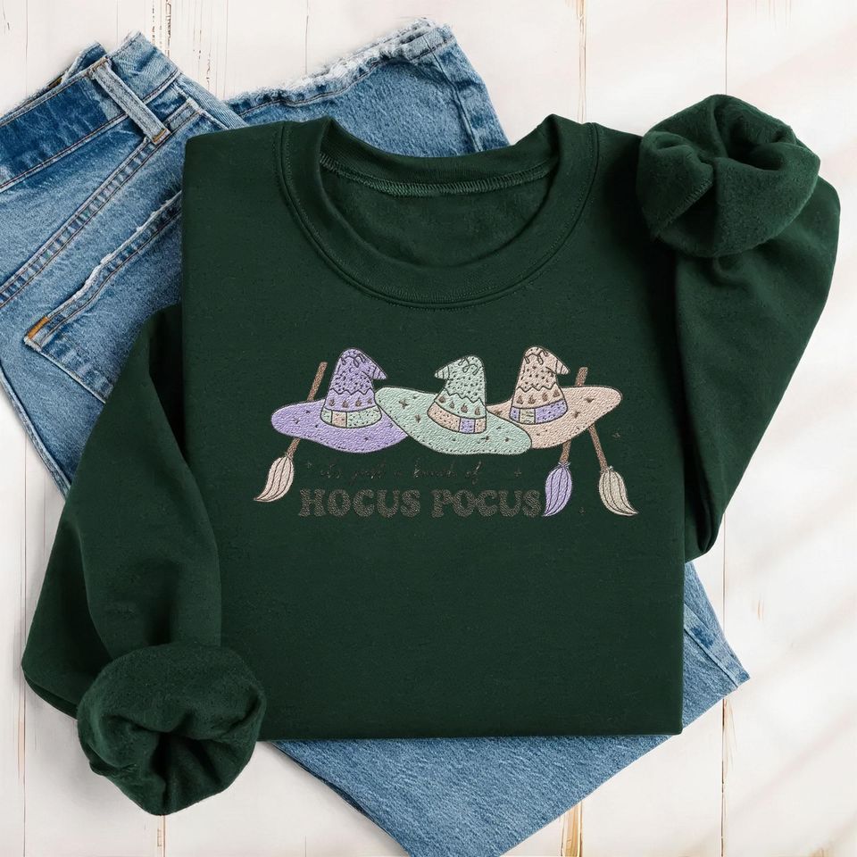 Hocus Pocus Witch Hat Sweatshirt, Pastel Witch Embroidered Shirt, Halloween Fall Cozy Crewneck, Witchy Autumn Pullover, Halloween Gift
