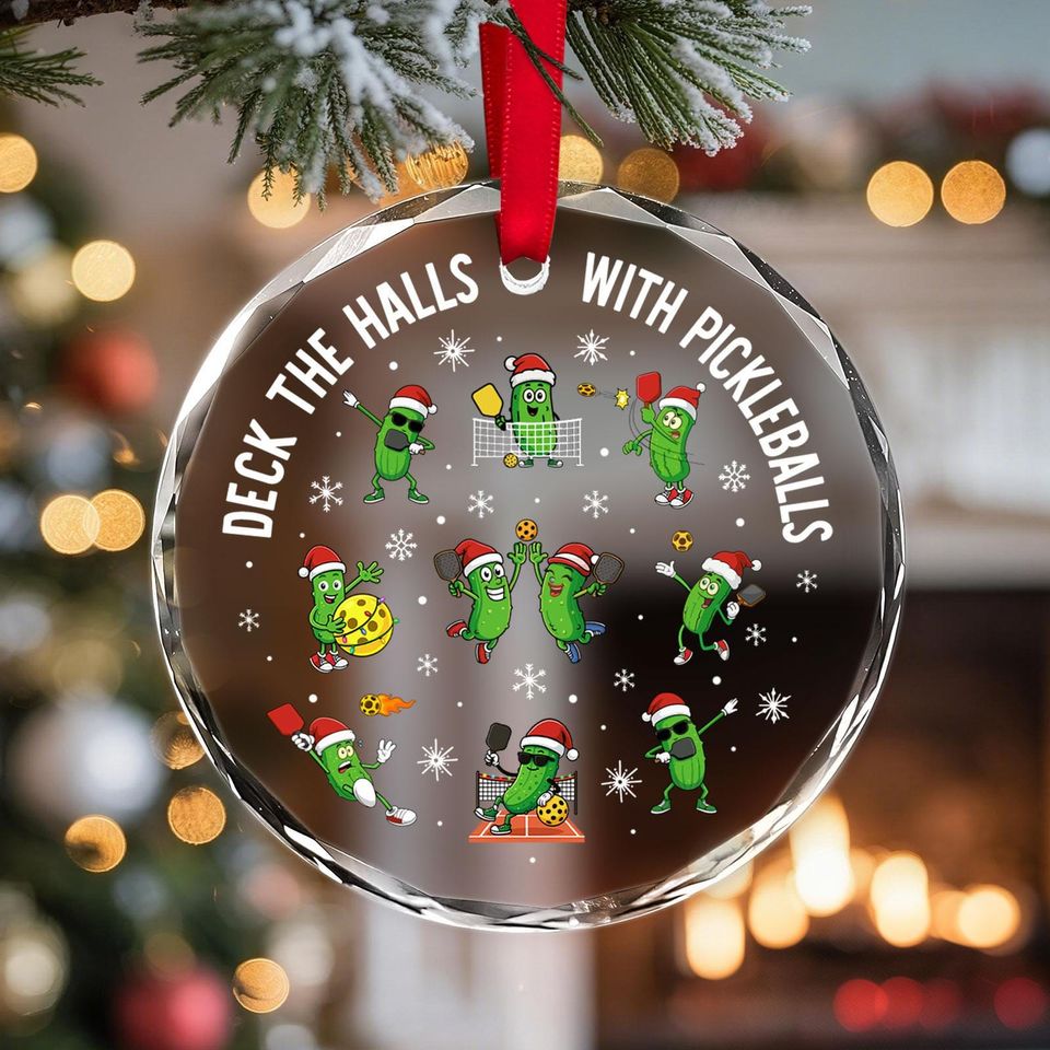Pickleball Glass Ornament, Round Christmas Tree Decor