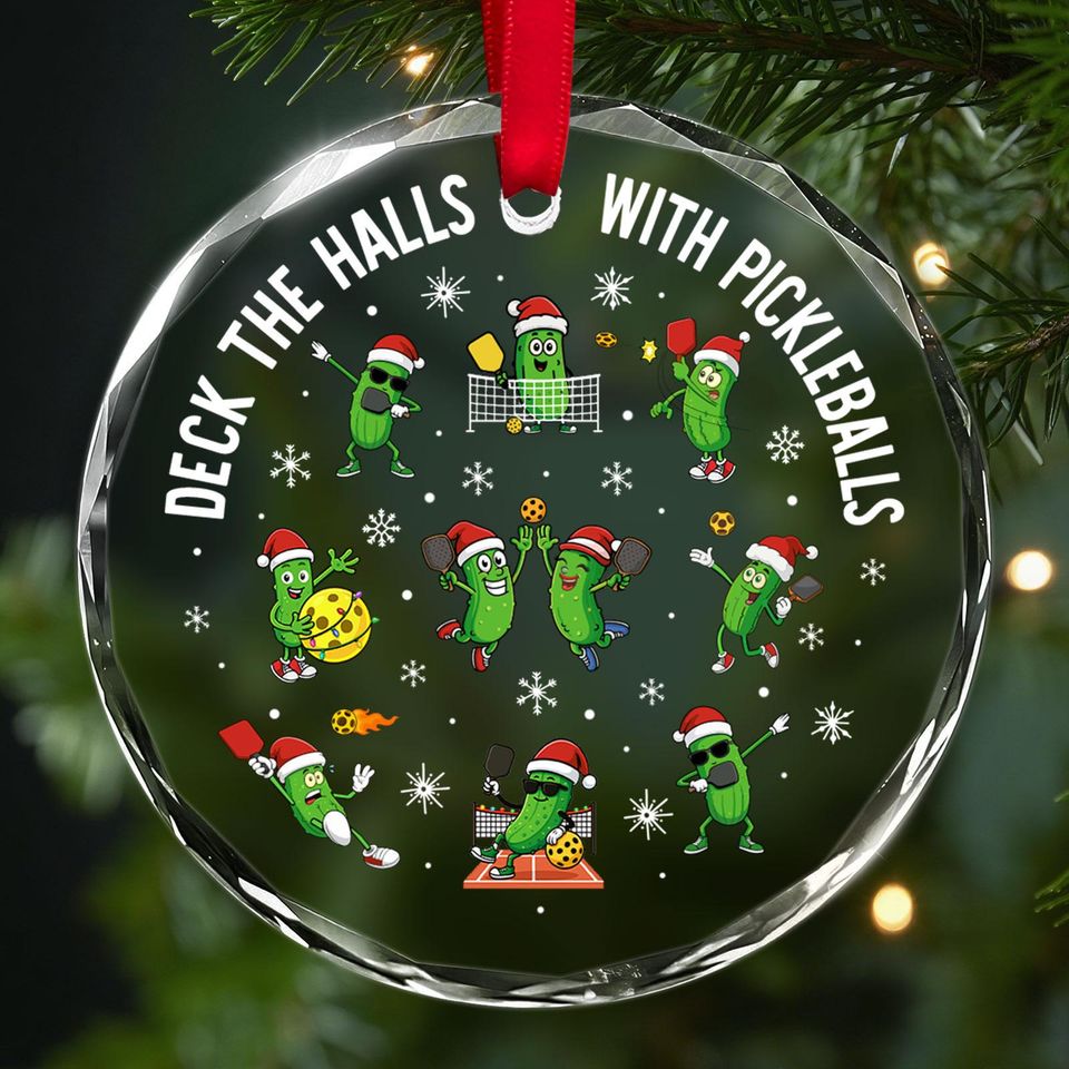 Pickleball Glass Ornament, Round Christmas Tree Decor