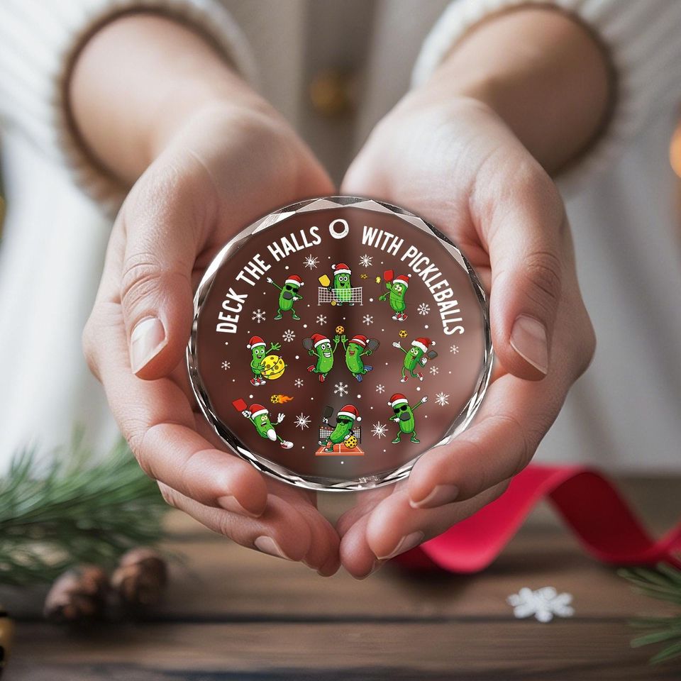 Pickleball Glass Ornament, Round Christmas Tree Decor