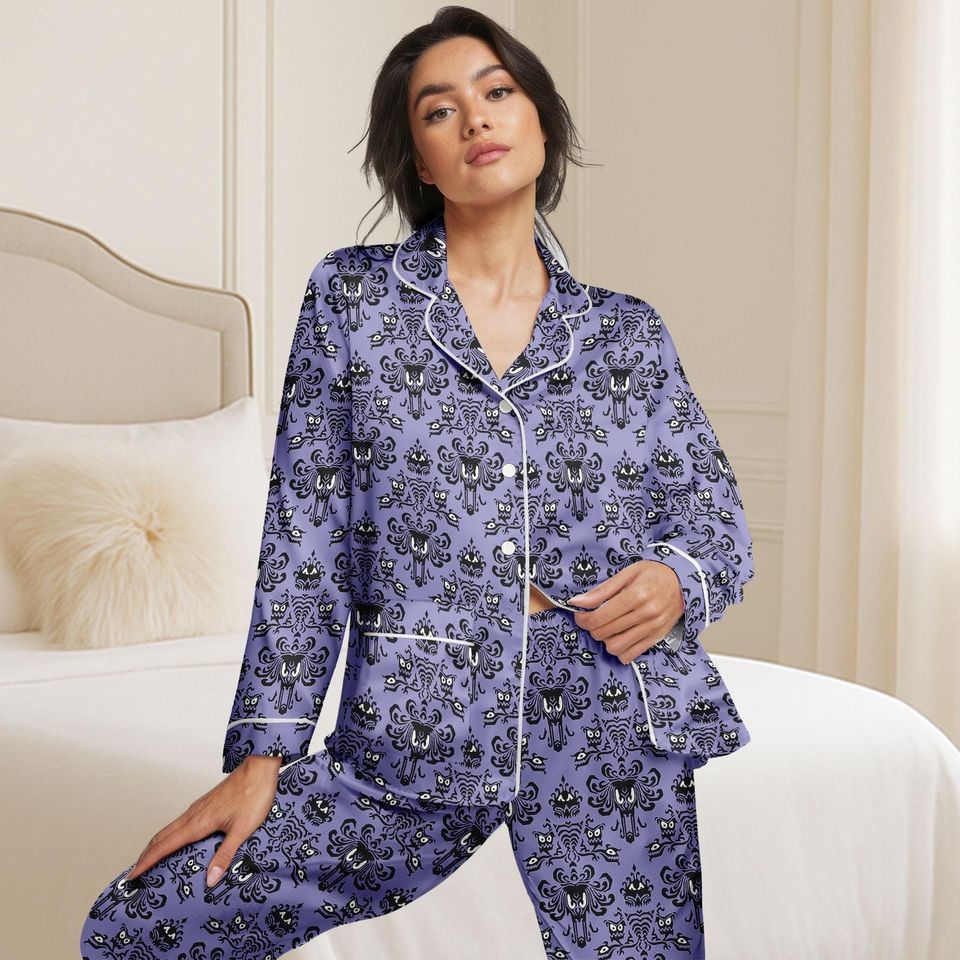 Halloween Haunted Mansion Satin Pajama, Purple Ghost Pattern Sleepwear