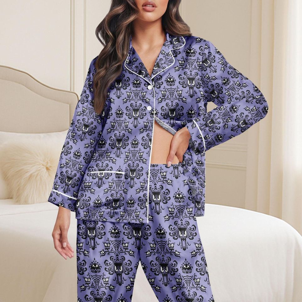 Halloween Haunted Mansion Satin Pajama, Purple Ghost Pattern Sleepwear