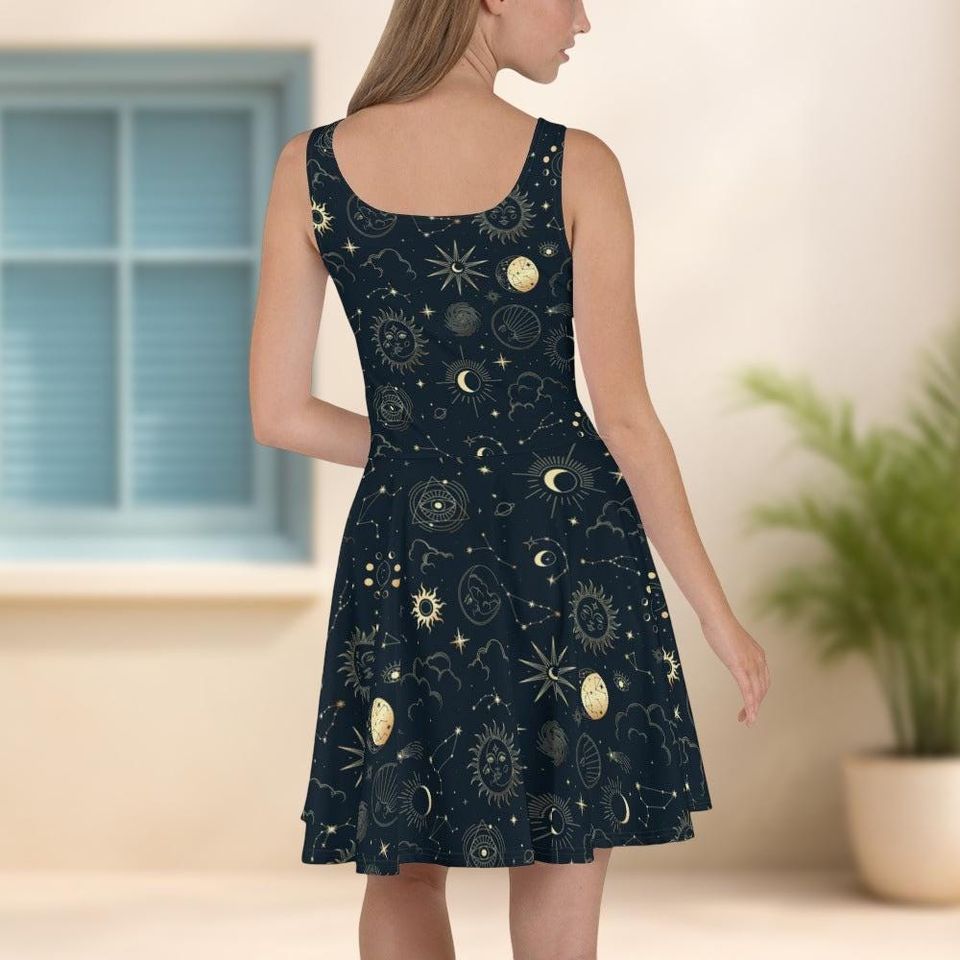 Constellation Costume Dress with Sun, Moon, and Stars Print, Boho Sleeveless Summer Dress