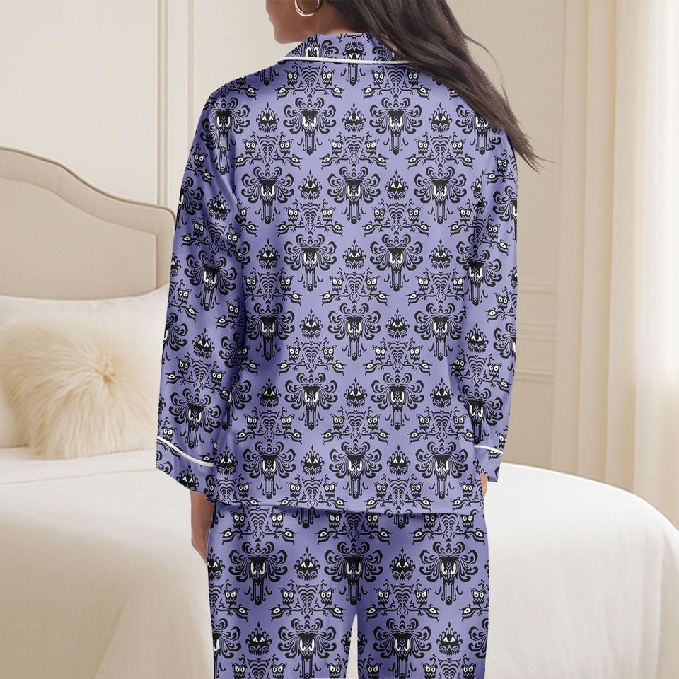 Halloween Haunted Mansion Satin Pajama, Purple Ghost Pattern Sleepwear