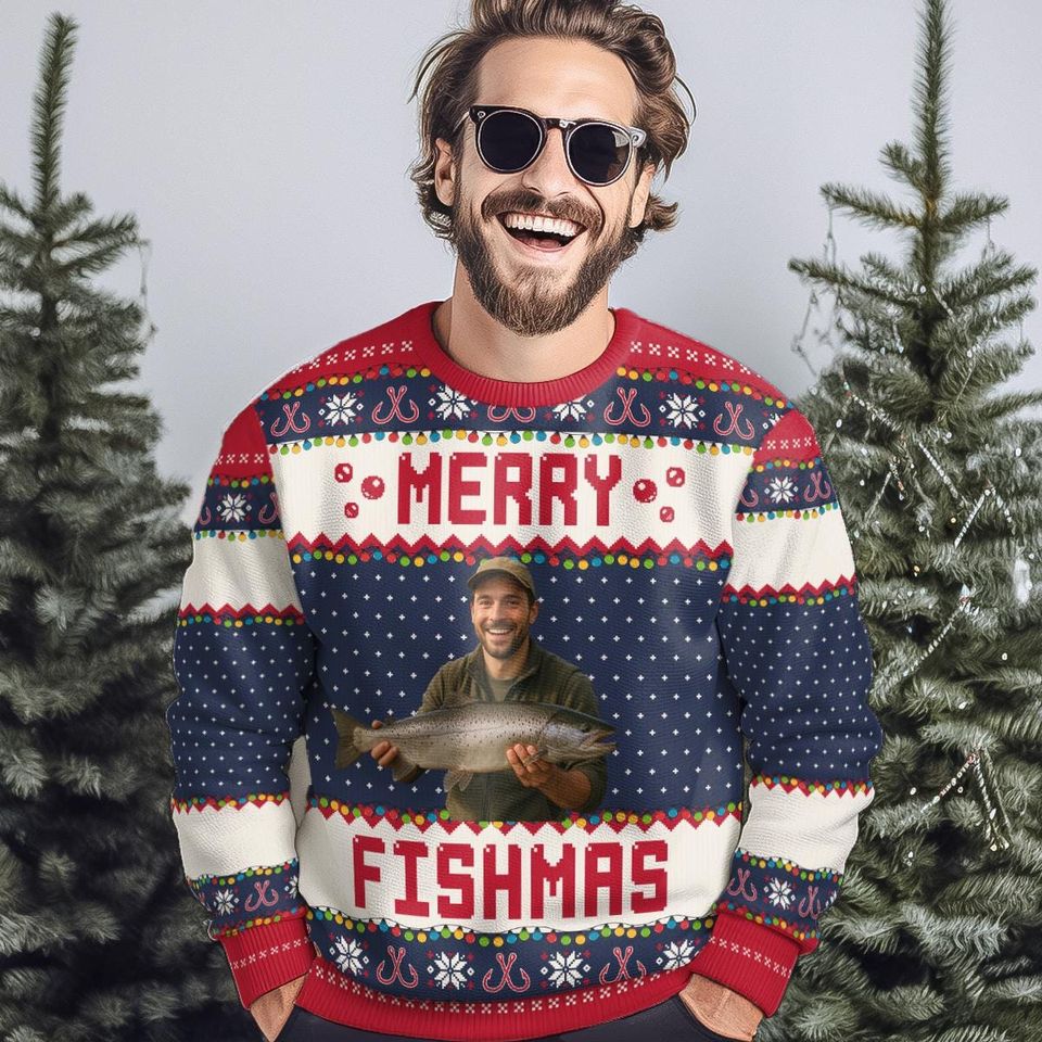 Personalized 'Merry Fishmas' Ugly Christmas Sweater: Fishing Gift